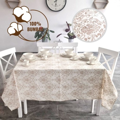 Fata de masa rotunda teflonata din bumbac, diametru 140cm model bej baroc, decor elegant pentru mese rotunde