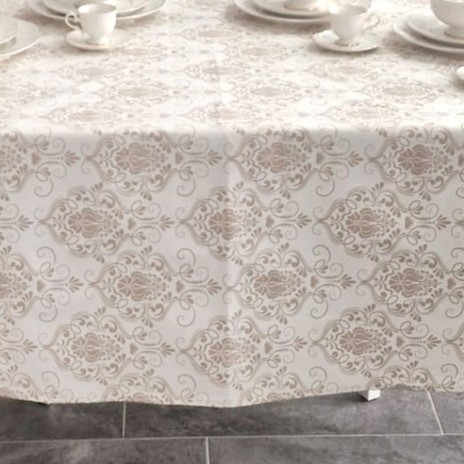 Fata de masa rotunda teflonata din bumbac, diametru 140cm model bej baroc, decor elegant pentru mese rotunde