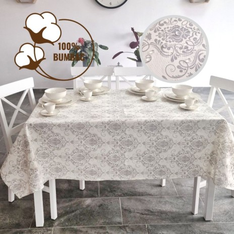 Fata de masa rotunda teflonata din bumbac, diametru 140cm model baroc gri, decor elegant pentru mese rotunde