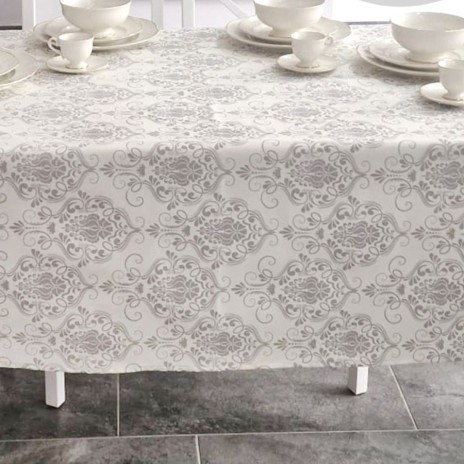 Fata de masa rotunda teflonata din bumbac, diametru 140cm model baroc gri, decor elegant pentru mese rotunde