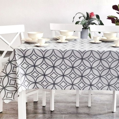 Fata de masa rotunda teflonata din bumbac, diametru 140cm model geometric cu cercuri, decor elegant pentru mese rotunde