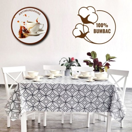 Fata de masa rotunda teflonata din bumbac, diametru 140cm model geometric cu cercuri, decor elegant pentru mese rotunde