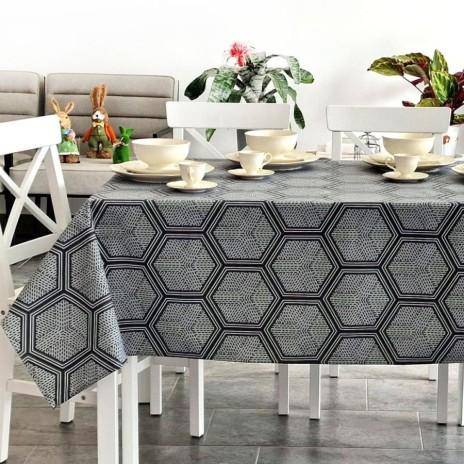 Fata de masa rotunda teflonata din bumbac, diametru 140cm model hexagonal, decor elegant pentru mese rotunde