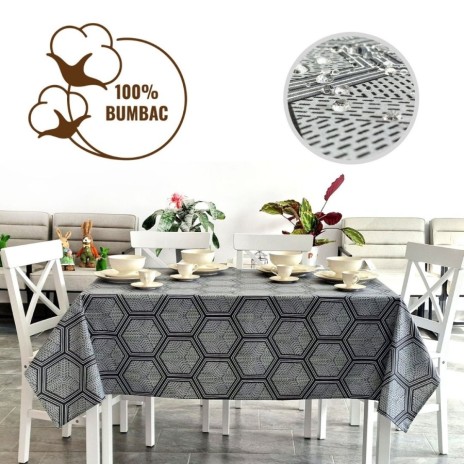 Fata de masa rotunda teflonata din bumbac, diametru 140cm model hexagonal, decor elegant pentru mese rotunde