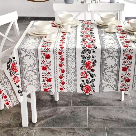 Fata de masa rotunda teflonata din bumbac, diametru 140cm model traditional, decor elegant pentru mese rotunde