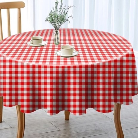 Fata de masa teflonata din bumbac rotunda, cu model in patratele rosii, diametru 140 cm, antimurdarire