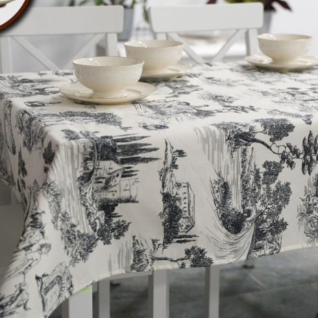 Fata de masa teflonata din bumbac, rotunda, diametru 140 cm, model peisaj alb-negru, decor elegant pentru mese rotunde