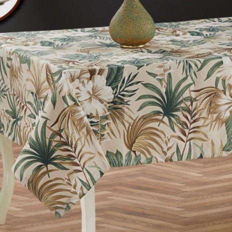 Fata de masa teflonata din bumbac, rotunda, diametru 140 cm, tropical bej-verde, decor elegant pentru mese rotunde