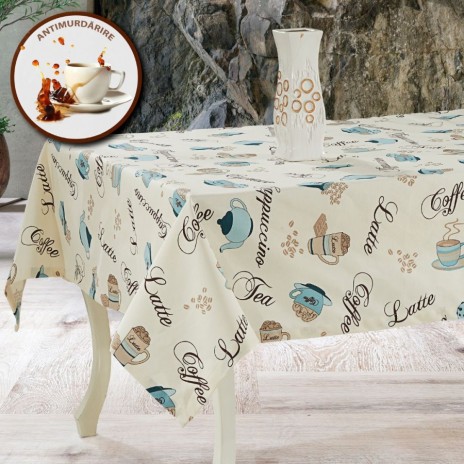 Fata de masa rotunda din bumbac teflonat, diametru 160 cm, model cafea V1 si cesti, antimurdarie