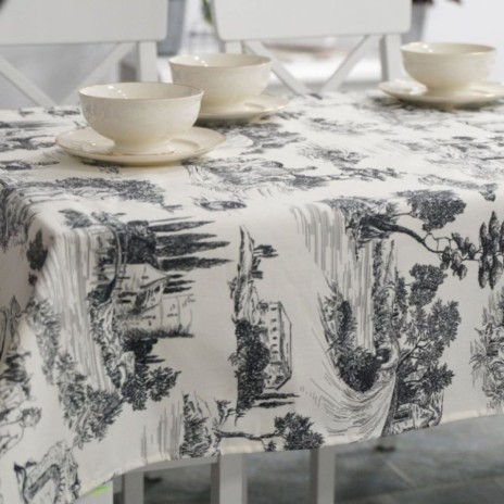 Fata de masa rotunda din bumbac teflonat, diametru 160 cm, model peisaj alb-negru, antimurdarie