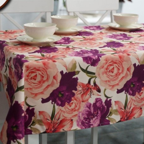Fata de masa rotunda 180 cm, bumbac teflonat, model floral romantic, antimurdarie
