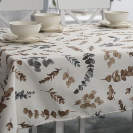 Fata de masa rotunda 180 cm, bumbac teflonat, model frunze maro/gri, antimurdarie