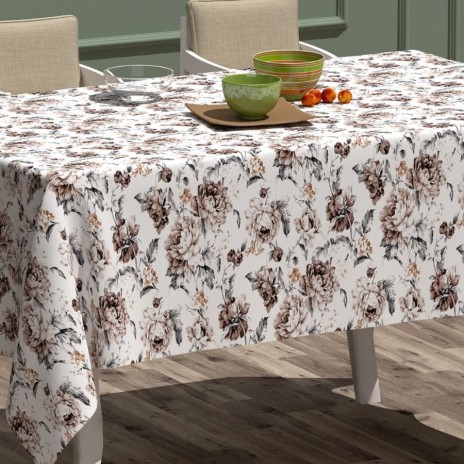 Fata de masa rotunda 180 cm, bumbac teflonat, model floral bej, antimurdarie