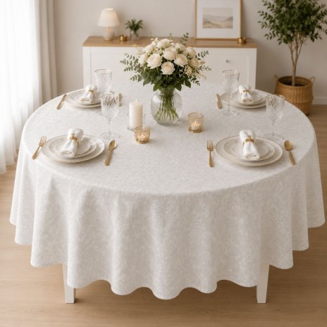 Fata de masă teflonată rotundă 140 cm alba cu imprimeu ornamental, fabricata in Romania