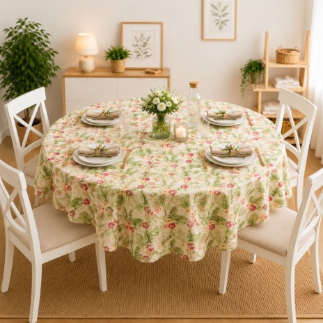 Fata de masa teflonata rotunda 140 cm model Flori tropicale roz pe masa rotunda, fabricata in Romania