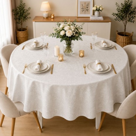 Fata de masă teflonată rotundă 140 cm crem cu imprimeu ornamental floral, fabricata in Romania