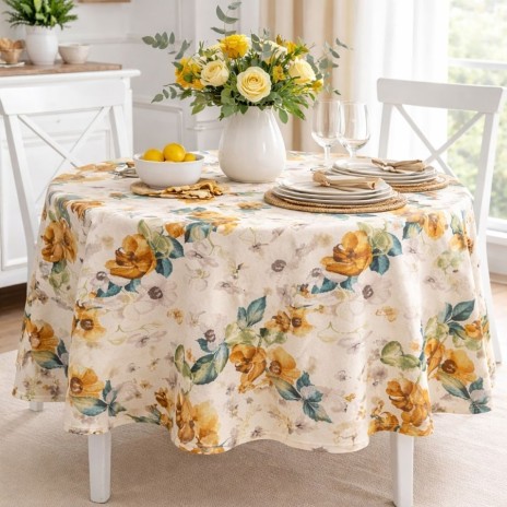 Fata de masa rotunda 160 cm bumbac poliester teflonat Flori mari galbene, fabricata in Romania
