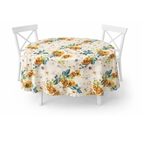 Fata de masa rotunda 160 cm bumbac poliester teflonat Flori mari galbene, fabricata in Romania