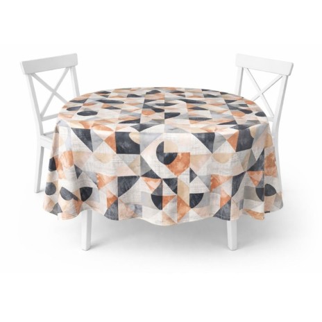 Fata de masa rotunda 160 cm bumbac poliester teflonat model geometric gri, bej si caramiziu, fabricata in Romania