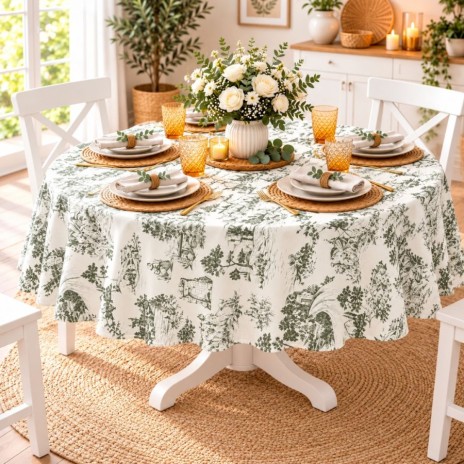 Fata de masa rotunda 160cm cu peisaj vintage verde pe fundal crem, pe masa aranjata cu vesela alba si suporturi impletite