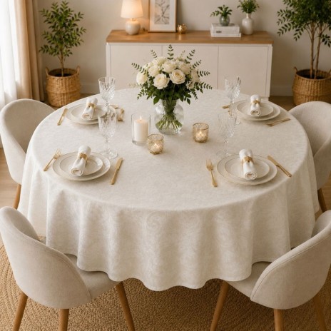 Fata de masa teflonata rotunda 180 cm crem cu imprimeu baroc floral F13, fabricata in Romania