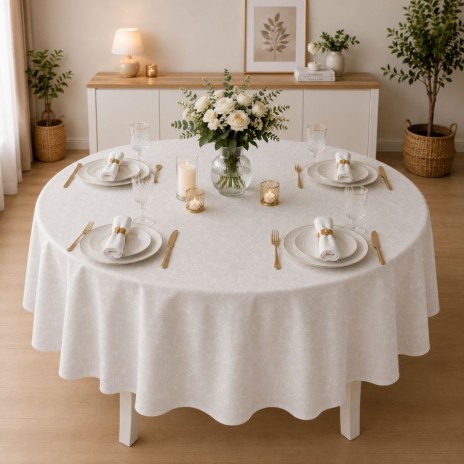 Fata de masa teflonata rotunda 180 cm crem cu imprimeu floral F15, fabricata in Romania