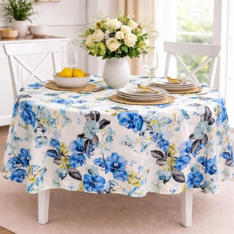 Fata de masa rotunda 180 cm bumbac poliester teflonat Flori albastre, fabricata in Romania