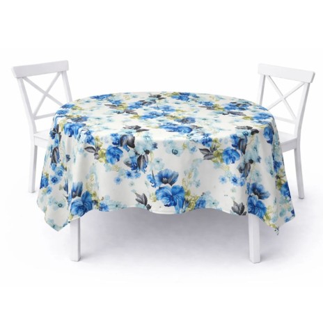 Fata de masa rotunda 180 cm bumbac poliester teflonat Flori albastre, fabricata in Romania