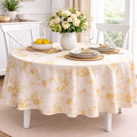 Fata de masa rotunda 180 cm bumbac poliester teflonat flori galbeneRalex Pucioasa fabricat in Romania