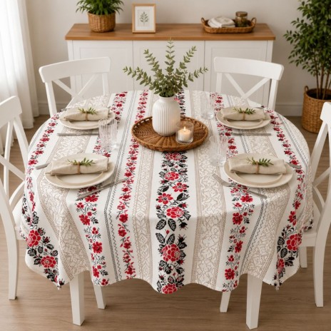 Fata de masa teflonata rotunda 180 cm cu model traditional floral rosu si negru, fabricata in Romania