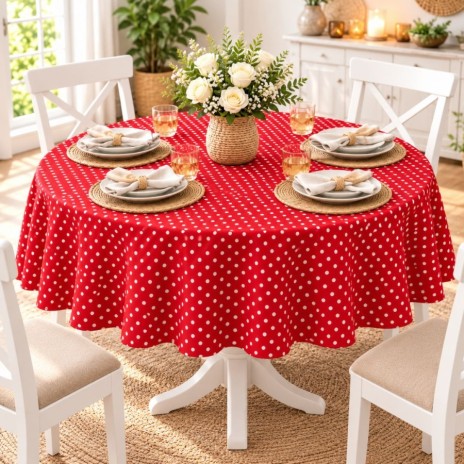 Fata de masa rotunda 180cm rosie cu buline albe, teflonata
