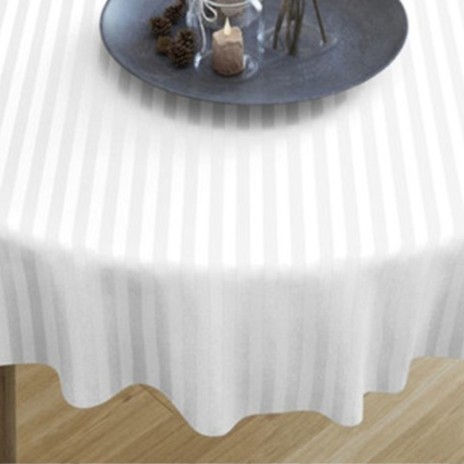 Fata de masa tip hotel rotunda damasc dungi, bumbac 100%, 140 cm, alba