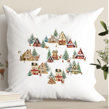 fata de perna decorativa craciun cabin bumbac 100% 45x45cm cu cabane si brazi