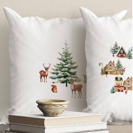 fata de perna decorativa craciun cabin bumbac 100% 45x45cm cu cabane si brazi