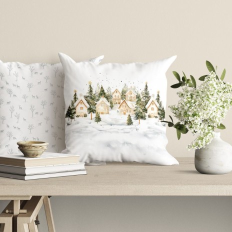 Fata de perna decorativa craciun snowy bumbac 100 cu brazi si casute