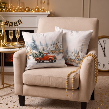 Fata de perna decorativa Craciun Home for Christmas 45x45 cm cu camioneta rosie, brad si casute inzapezite