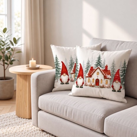 Fata de perna decorativa Craciun Koa 45x45 cm cu gnomi, casuta cu acoperis rosu si brazi inzapeziti