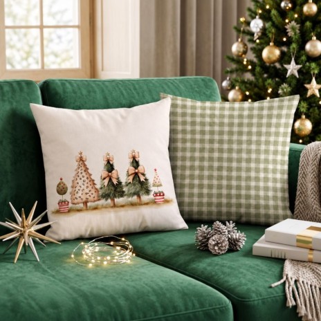 Fata de perna decorativa Craciun Home for Christmas 45x45 cm cu camioneta rosie, brad si casute inzapezite