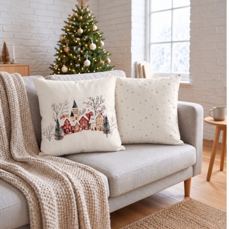 Fata de perna decorativa Craciun Lucca 45x45 cm cu casute inzapezite si biserica pe fundal crem