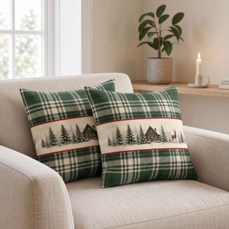 fata de perna Craciun Vanya, fata de perna decorativa 45x45 cm, fata perna bumbac 100%, fata perna carouri verzi, fata perna cu cabana inzapezita, fata perna cu cerb si brazi, decor canapea Craciun