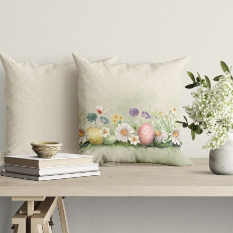 Fata perna decorativa 45x45 cm bumbac 100% Egly cu flori de camp si oua pastel cu fata dubla