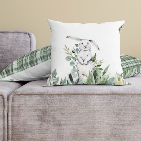 Fata perna decorativa 45x45 cm bumbac 100%, model Gizmo cu iepuras si frunze verzi