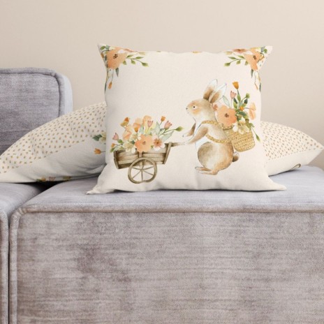 Fata perna decorativa 45x45 cm bumbac 100 model Londy cu iepuras si flori de primavara