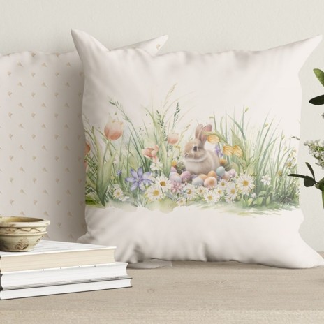 Fata perna decorativa Paste 45x45 cm bumbac 100% Tuli cu flori, iepuras si oua pastel cu fata dubla