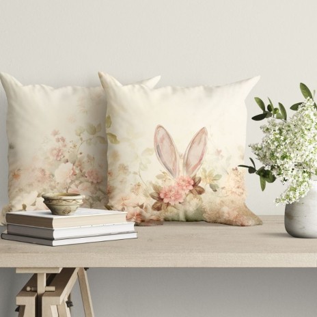 fata perna decorativa Paste 45x45 cm bumbac 100% Elon fata dubla cu iepuras si verso floral
