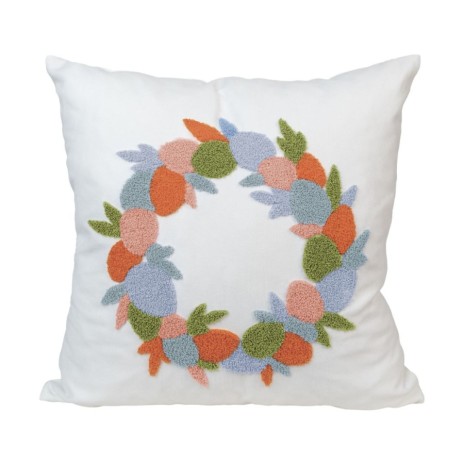 Pernă decorativă cu broderie texturată în formă de coroană de Paște, culori pastelate, 45x45cm, detaliu fermoar ascuns