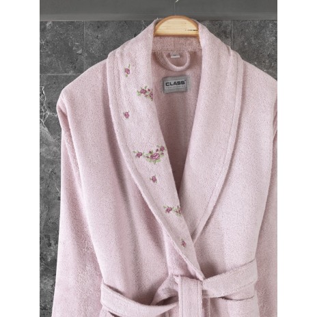 Halat de baie bambus 100% cu broderie, mar L, Little Rose Roz Pudra