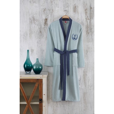 Halat baie unisex bumbac 100%, M/L, fine blue cu guler si cordon navy, broderie ancora