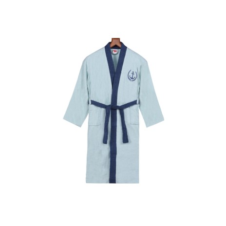 Halat baie unisex bumbac 100%, M/L, fine blue cu guler si cordon navy, broderie ancora