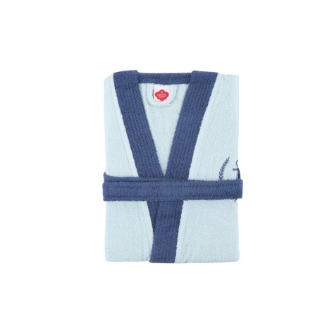Halat baie unisex bumbac 100%, M/L, fine blue cu guler si cordon navy, broderie ancora
